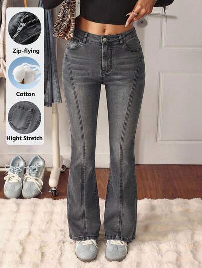 SHEIN Explorewe Quần ống loe denim co giãn kiểu vintage dành cho nữ tuổi teen, thiết kế xương sườn, phong cách retro thời trang, phù hợp cho mặc hàng ngày, đi học, đi làm, dự tiệc, du lịch và các dịp khác.