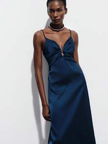Aveloria Modichic Elegant French Style Luxury Satin Slip Dress With Deep V-Neck And Open Back, A-Line Silhouette - Navy Blue - View 4