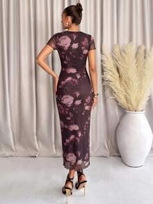 Lavishia Purple Printed Mesh Ruched Mini Dress With Round Neck And Short Sleeves - Red Violet - View 2