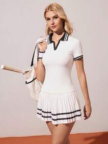 CourtClass Women's Contrast Trim Short Sleeve Top And Pleated Skirt Tennis Outfit - Black and White - View 6