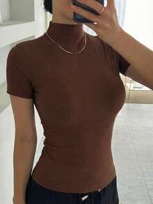 DAZY Camiseta sin mangas de verano para mujer, de cuello alto, ajustada y casual - Café integral - Ver 4
