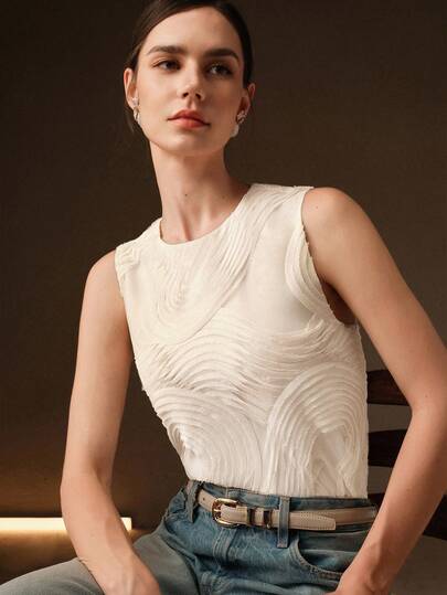 Anewsta 女士新款休闲春夏立体3D纹理面料圆领无袖背心，百搭通勤装