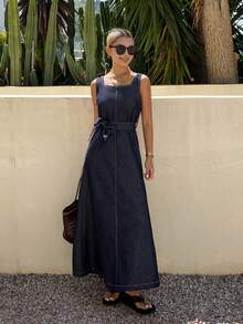 DAZY Women's Casual Washed Waist Belt Square Neck Sleeveless Slit Denim Dress, Summer - Dark Wash - View 1