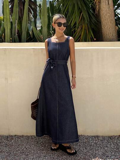 DAZY Women's Casual Washed Waist Belt Square Neck Sleeveless Slit Denim Dress, Summer