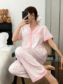 SHEIN 女士爱心条纹印花撞色短袖睡衣套装 - 粉色 - 查看 3