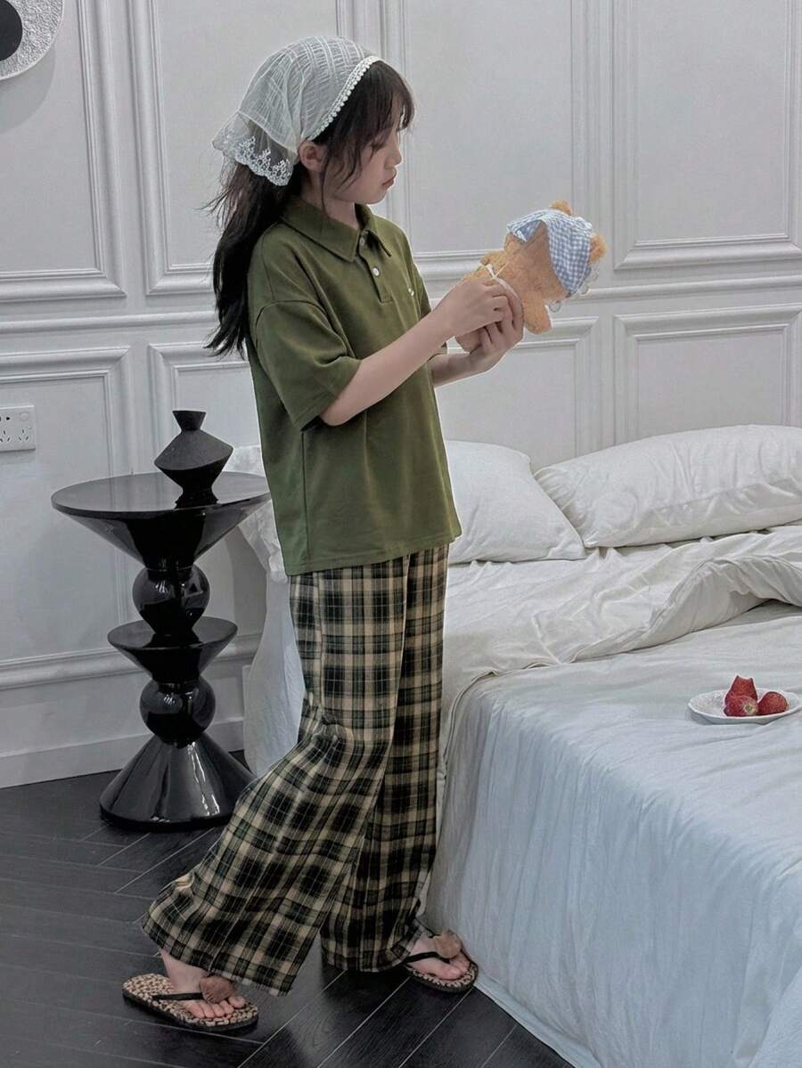 Dazy Kids Tween Girl Plaid Short Sleeve Top And Pants Loungewear Set Summer - Army Green - View 1