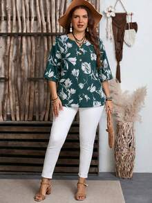 EMERY ROSE Plus Size Women's Summer Casual Vacation Country Green Floral Print V-Neck Casual Versatile Daily Wear Blouse Top Shirt,Summer Outfits For Women ,Vacation Outfits Women ,Holiday Outfits For Women,Going Out Outfits,2026 New Clothes,Simple And Fashionable For Everyday Wear,Suitable For Summer, Vacation, Daily Wear, Festival Outfits For Women,Country Concert Outfit,Beach Outfits For Women,Western Style,Going Out Tops - Dark Green - View 3