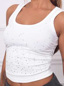 Hariany Almeida Women's Street Style Rhinestone Pleated Solid Color Cropped Fitted Tank Top - White - View 6