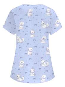 PopScrub Áo đồng phục y tế nữ màu tím cổ chữ V tay ngắn hai túi họa tiết hoạt hình dễ thương, in hình mèo đáng yêu, đồng phục y tá bác sĩ, quần áo làm việc chăm sóc thú cưng màu trơn, áo khoác phòng thí nghiệm dinh dưỡng, quần áo làm việc nhiều túi tiện dụng, trang phục ngày lễ tiện dụng cho nữ, dễ thương - Màu tím - Xem 2