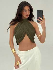 Aloruh Chiffon Vacation Casual Fashion Cross Ruched Back Neck Button Elegant Sexy Women Blouse,Summer Top - Army Green - View 6