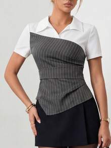 Ritzy Row Áo sơ mi tay ngắn Raffinéa thời trang kẻ sọc phối màu trơn dành cho nữ, thích hợp đi làm. - Xám - Xem 1