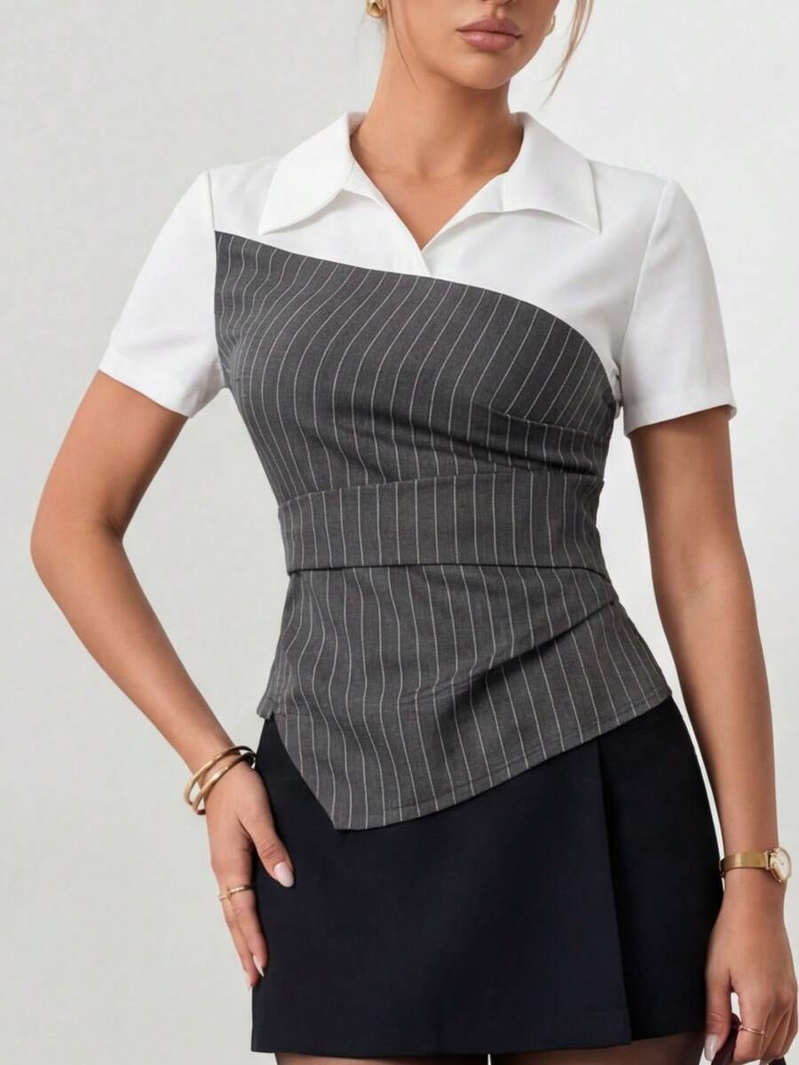 Ritzy Row Áo sơ mi tay ngắn Raffinéa thời trang kẻ sọc phối màu trơn dành cho nữ, thích hợp đi làm. - Xám - Xem 1