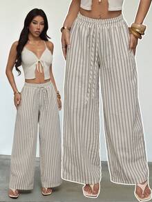 SHEIN PETITE Women's Casual Loose Striped Wide-Leg Pants Baggy,Striped Long Pants With Drawstring Waist For Spring/Summer, Casual And Sporty, Versatile, High-Quality, Colorful, White. - Multicolor - View 1