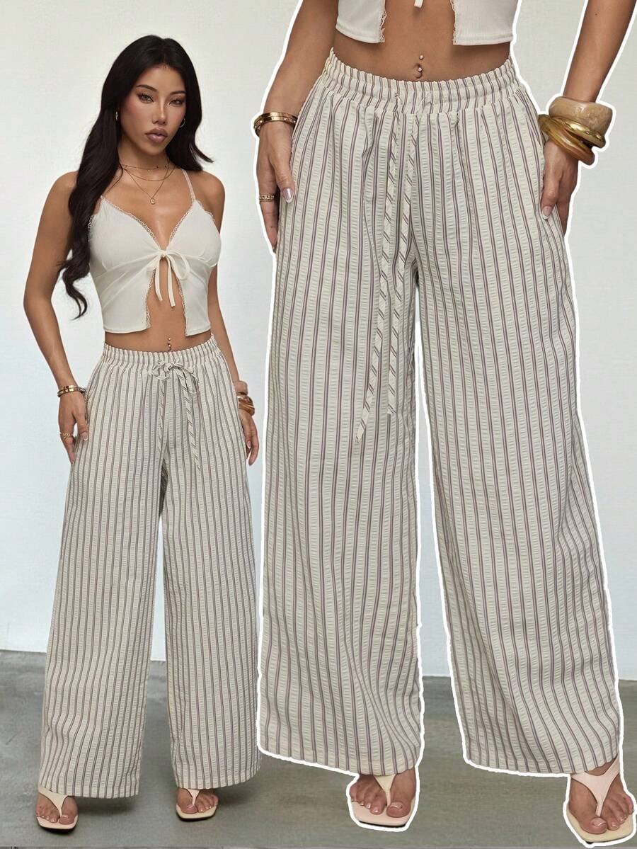 SHEIN PETITE Women's Casual Loose Striped Wide-Leg Pants Baggy,Striped Long Pants With Drawstring Waist For Spring/Summer, Casual And Sporty, Versatile, High-Quality, Colorful, White. - Multicolor - View 1