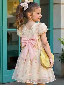 Souflis Souflis Đầm ngắn tay họa tiết hoa nhí đính ngọc trai và nơ, kiểu dáng thường ngày, thích hợp cho bé gái mùa hè. - Màu be - Xem 3