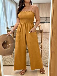 Weeklong Plus Size Women Textured Fabric Jumpsuit With Spaghetti Straps, Suitable For Vacation - Yellow - View 5