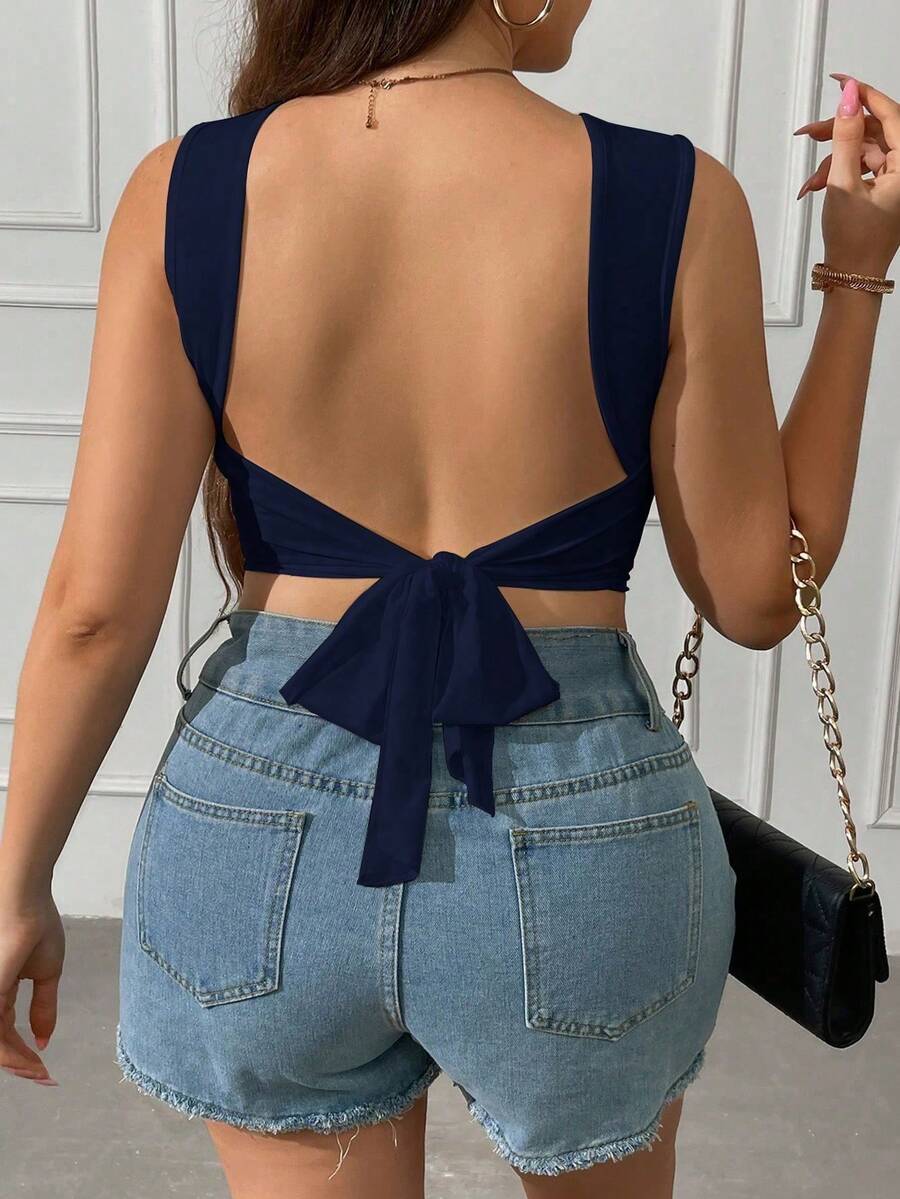 Vionelle 大码纯色露背交叉背心 - 藏蓝色 - 查看 1