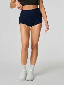 SHEIN Tall Ladies' Solid Color Ruched Biker Shorts, Summer Biking,Yoga Sports - Navy Blue - View 5