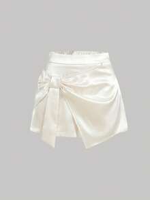 SHEIN MOD Women's Elegant Satin Bow Culottes - Apricot - View 2