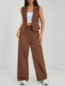 SHEIN PETITE 两件套秋季服装 2件套/组 女士纯色无袖上衣和裤子 秋季服装 - 棕色 - 查看 4