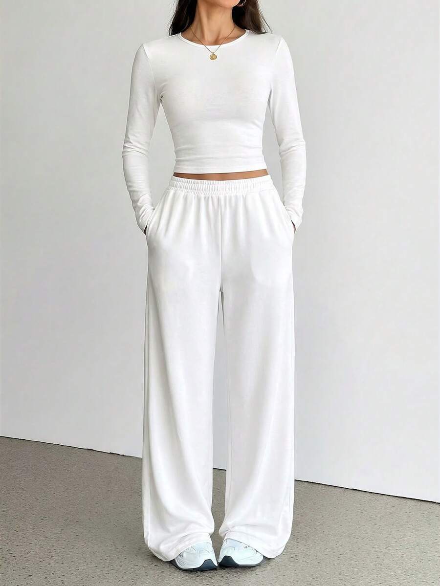 SHEIN Tall 2件組女款純色長袖上衣與長褲套裝,適合高個女性 - 白色 - 查看 1