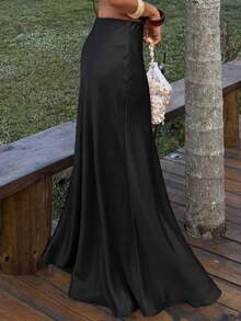 DAZY Women's Solid Color Satin Korean Style Casual Ruffle Hem Elegant Party Skirt Spring - Blue - View 4