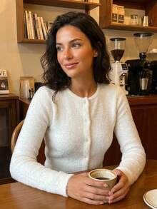 DAZY 2pcs Women Autumn/Winter Fashion White Fuzzy Crop Top & Cardigan Set, Slim Fit Activewear Long Sleeve - Beige - View 7