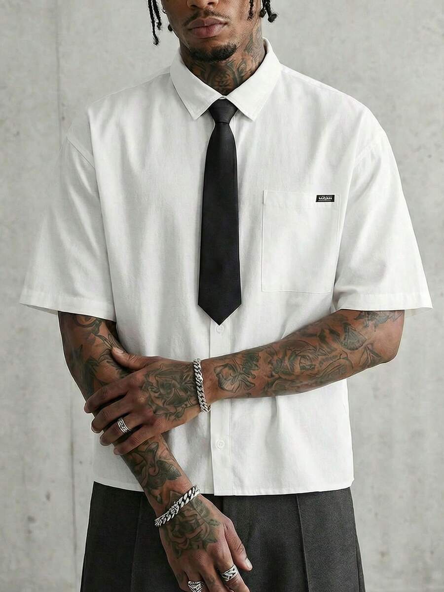 AXEPEAK Camisa Casual Tecida Masculina com Gravata, Camisa Branca de Trabalho com Botões, Manga Curta Folgada e Gola Simples, Presente para Namorado, Itens para Casais - Branco - Visão 1