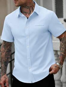 Manfinity Homme Áo sơ mi nam tay ngắn màu trắng, kiểu dáng thường ngày, thích hợp cho công sở. - Màu xanh nhạt - Xem 4