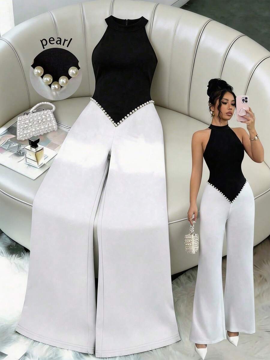 SHEIN Elenzya 女士优雅V领黑白撞色珍珠无袖连体裤，适合秋季、冬季、感恩节、优雅派对、圣诞节、新年等场合。 - 黑與白 - 查看 1