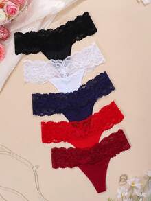 5pcs/Set Women Lace Thong Panties Women's Underwear Knickers Gstring For Ladies - Multicolor - View 3
