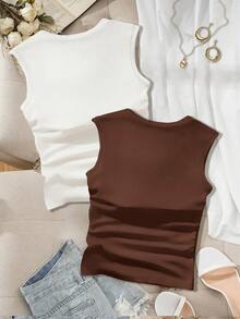 Enliva 2pcs/Set Casual Versatile Solid Color Cropped Tank Top For Plus Size Women, Summer, For Apple And Rounded Body Shape - Multicolor - View 5