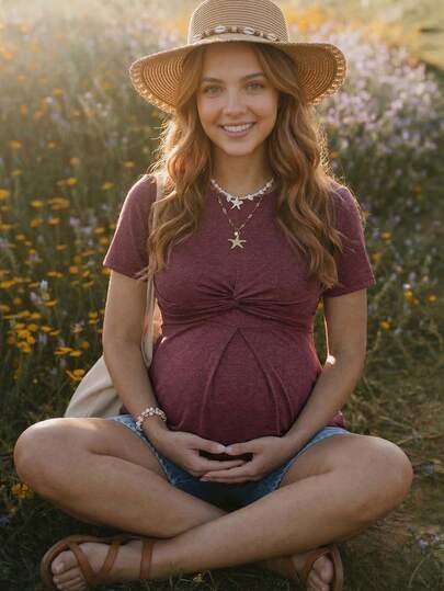 Boho Mama Top de uso diario versátil y casual para lactancia, de unicolor y cuello redondo, para maternidad