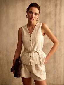 MOTF PREMIUM WOMEN'S VACATION COTTON LINEN WOODEN BUTTON PLACKET BELTED VEST JACKET - Apricot - View 7