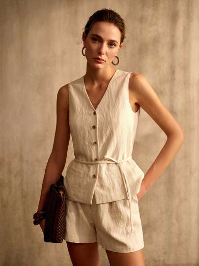 MOTF PREMIUM 女士度假棉麻木质纽扣门襟系带背心外套