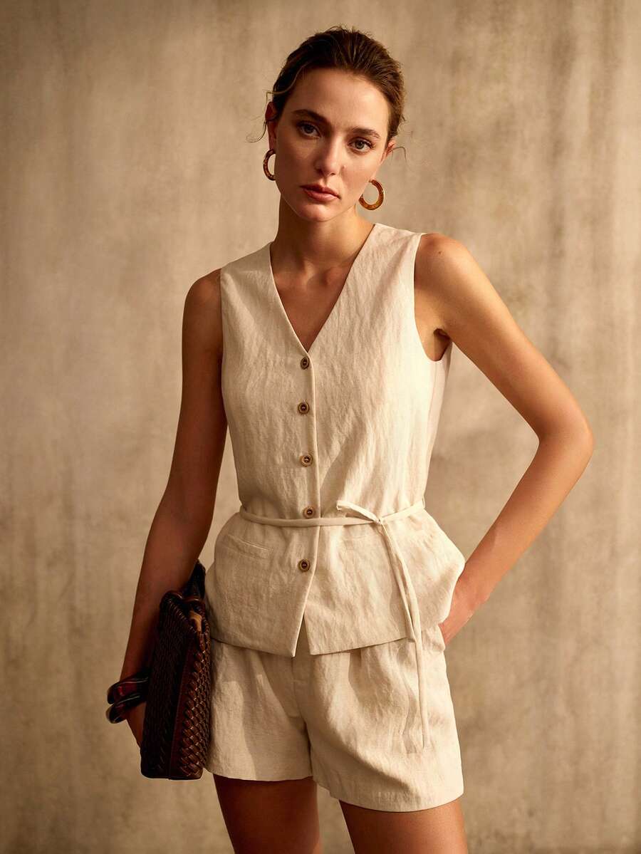 MOTF PREMIUM WOMEN'S VACATION COTTON LINEN WOODEN BUTTON PLACKET BELTED VEST JACKET - Apricot - View 1