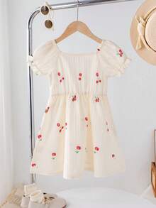 Young Girls' Formal Dresses Cherry Print, Textured Fabric, Loose Fit, Puff Sleeve Style, Sweet And Minimalist Design, Summer Collection. - Apricot - View 8