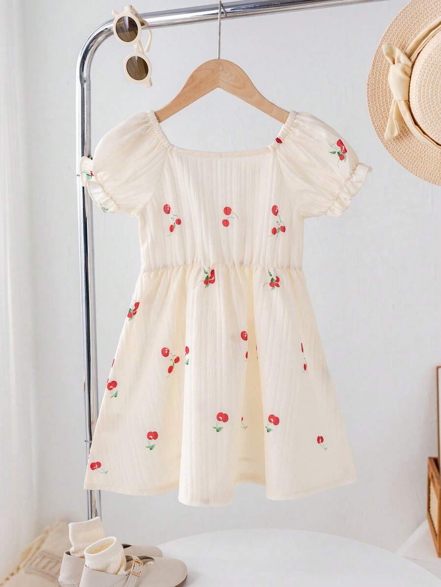 Young Girls' Formal Dresses Cherry Print, Textured Fabric, Loose Fit, Puff Sleeve Style, Sweet And Minimalist Design, Summer Collection. - Apricot - View 1