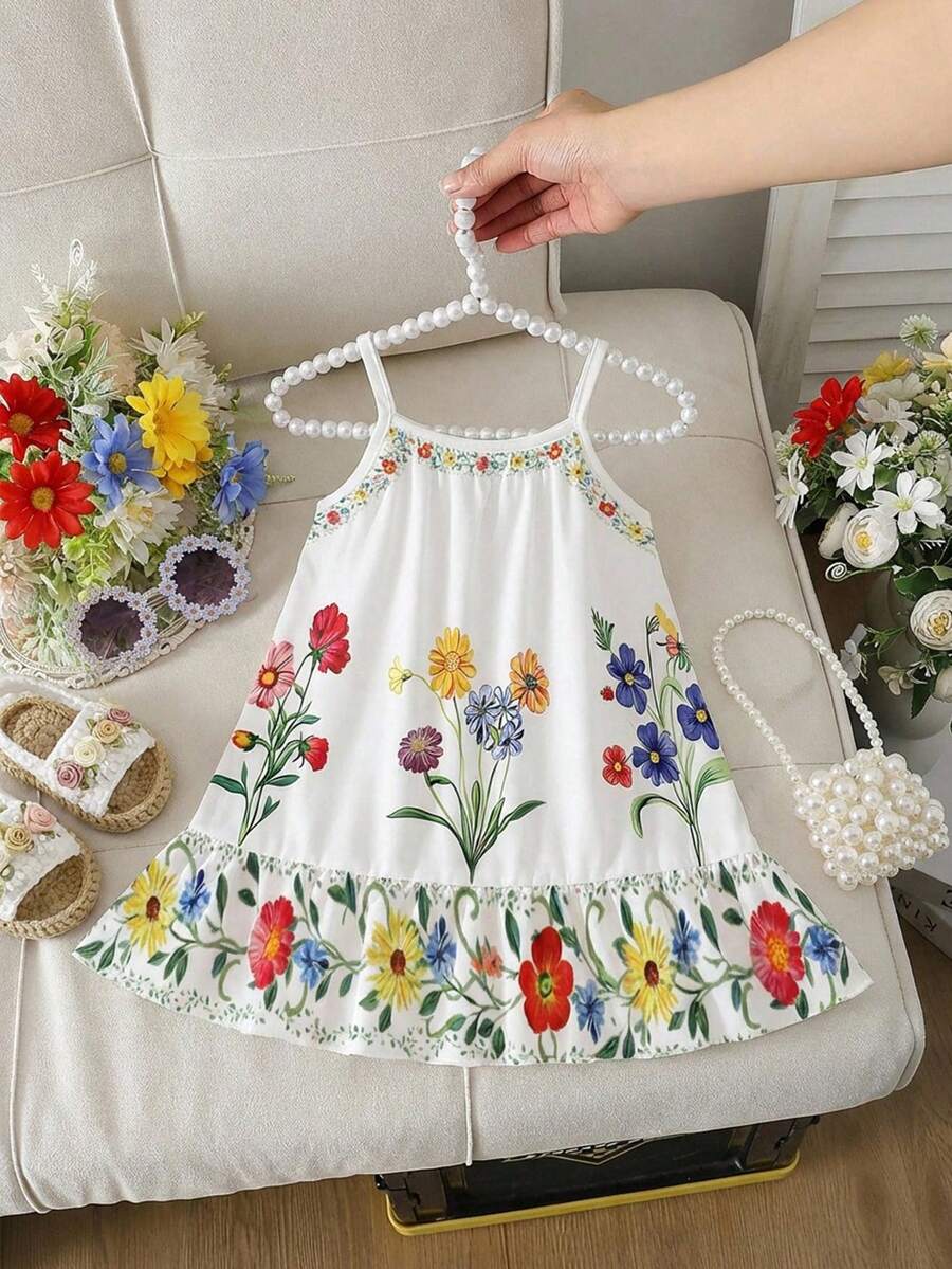 SHEIN Elladie kids 女嬰白色花卉夏季可愛度假休閒太陽裙 梭織彩色條紋數位印花 荷葉邊下擺細肩帶 幼女套裝穿搭