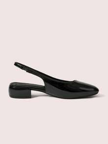 CUCCOO DOLLMOD Women's Shoes Round Toe Black Patent Leather Rear Strap Slingback Thick Heel Simple Basic Low Heel Fashion Cute Wear High Heel Shoes - Black - View 2