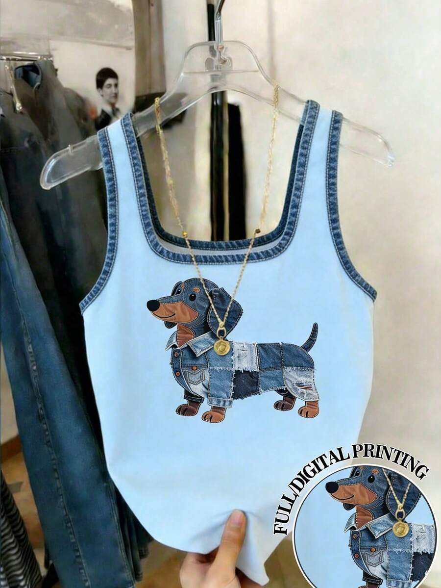 Resyla Women's Fitted Tank Top With Dog Print Everyday Daytime Light Blue Summer Cute Casual - Multicolor - View 1