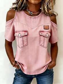 EMERY ROSE 新款粉色牛仔效果露肩休闲性感百搭常规女式衬衫 - 彩色 - 查看 3