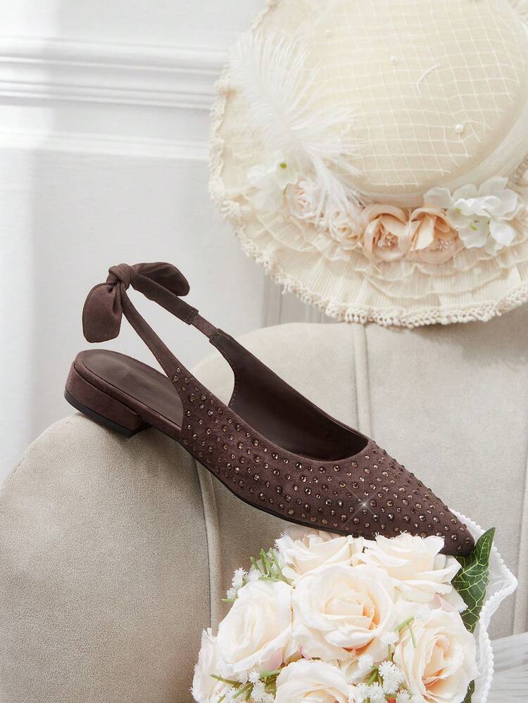 CUCCOO HITCHD Women Shoes European And American New Fashion Brown Rhinestone Suede Pointed Flat-Soled Shoes, Slingback Bow With Slip-On Versatile, Comfortable, Elegant And Advanced, Huge Beautiful Sandals Summer Shoes Wedding Shoes Bride Shoes
