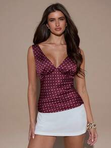 SHEIN BAE Áo nữ chấm bi cổ chữ V sâu gợi cảm, ôm sát, thích hợp cho mùa xuân, hè, đi nghỉ mát, thường ngày, đi biển, màu đỏ tía. - Màu Đỏ Sâu - Xem 6