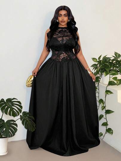 Maweii Plus Size Black Sexy Lace Patchwork Sleeveless Waist Cinched Dress