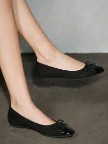 2025新款蝴蝶结方头粗跟平底套脚休闲舒适软底女鞋 - 黑色 - 查看 2