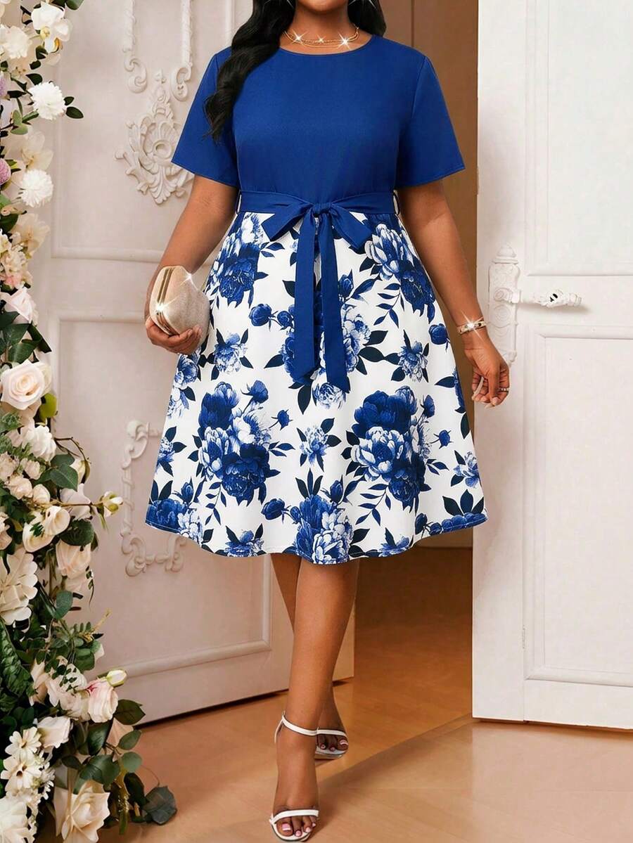 SHEIN Lady 春夏优雅通勤办公休闲波西米亚风针织圆领喇叭腰带中长短袖大码连衣裙,适合各种身材,夏季女装,夏季连衣裙,女士办公装,度假连衣裙,夏季女装 - 藍色 - 查看 1