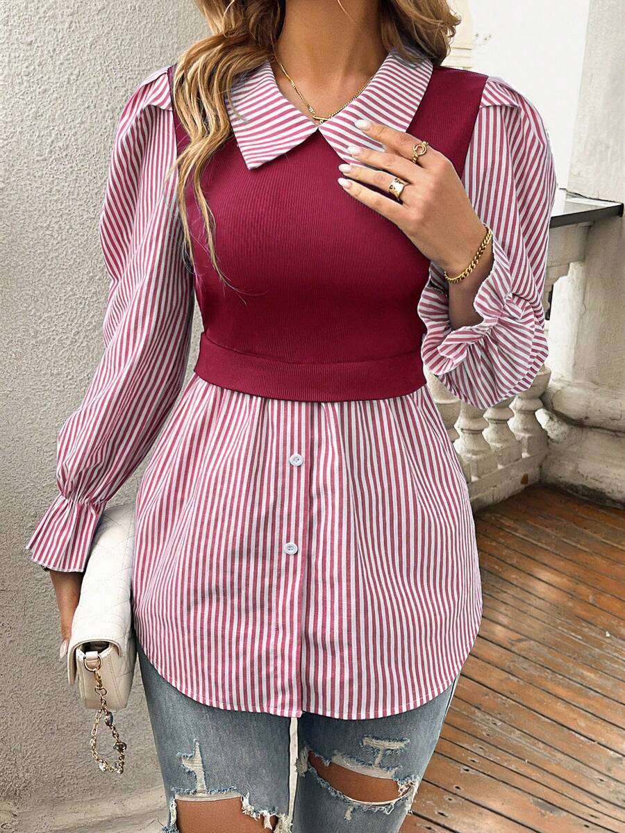 EMERY ROSE Women's Casual Striped Patchwork 2 In 1 Top Fall Cloth For Women - Burgundy - View 1
