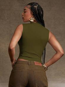 Denimoi Chain Detail Cut Out Sexy Top Concert Outfits Festival Outfits Clubwear - Olive Green - View 3