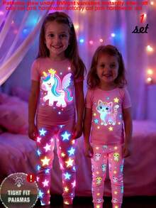 1 set Pijama de top de manga corta y pantalones ajustados con estampado de gato lindo que brilla en la oscuridad para niñas jóvenes - Rosa - Ver 5